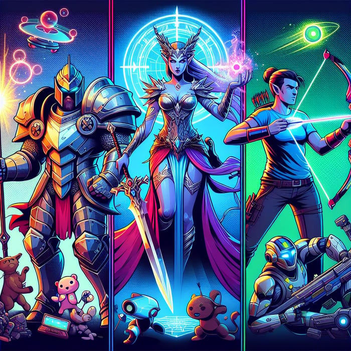 Epic Game Character Banner | Knights, Sorceress, Elf, and Cyborg