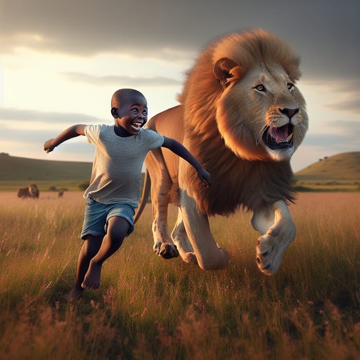 Black Boy Playfully Chasing Lion