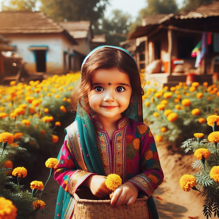 Young South Asian Girl in Traditional Indian Clothing Amidst Marigold Fields
