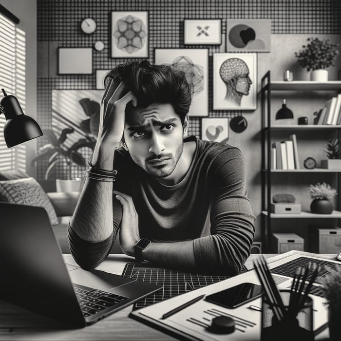 Modern Home Office Scene: Intense South Asian Man in Frustration