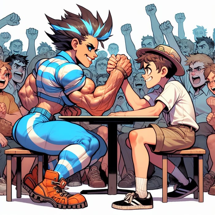 Muscular Female vs. Quirky Young Boy: Friendly Arm-Wrestling Competition