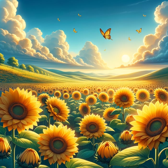 Serene Landscape with Golden Sunflowers | Tranquil Summer View