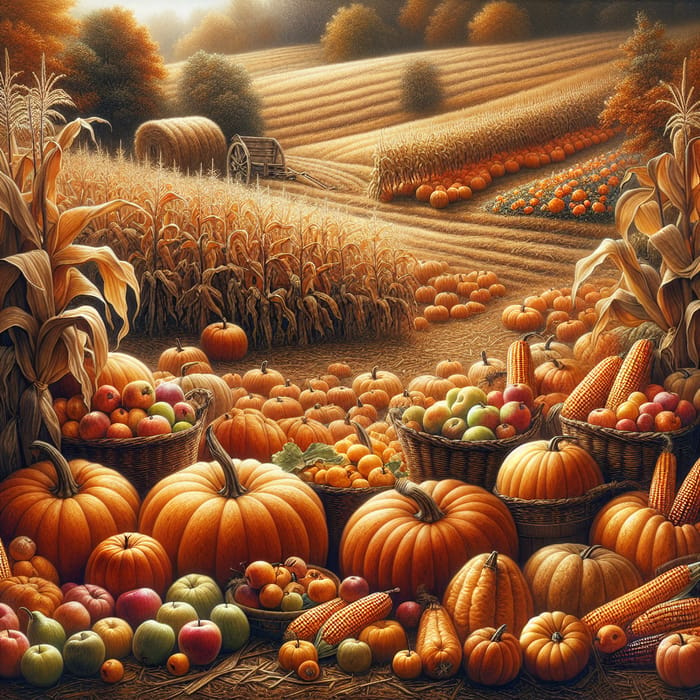 Earthy Autumn Harvest: Pumpkins, Corn Stalks, and Fruit Trees