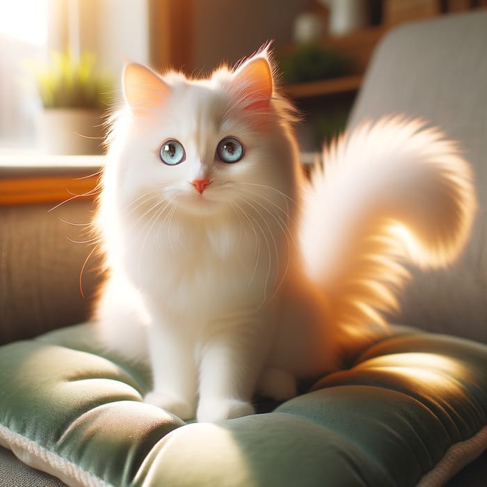 White Cat with Stunning Blue Eyes on Cozy Green Pillow