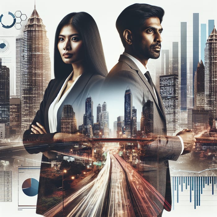 Innovative Business Duo: Double Exposure with Cityscape