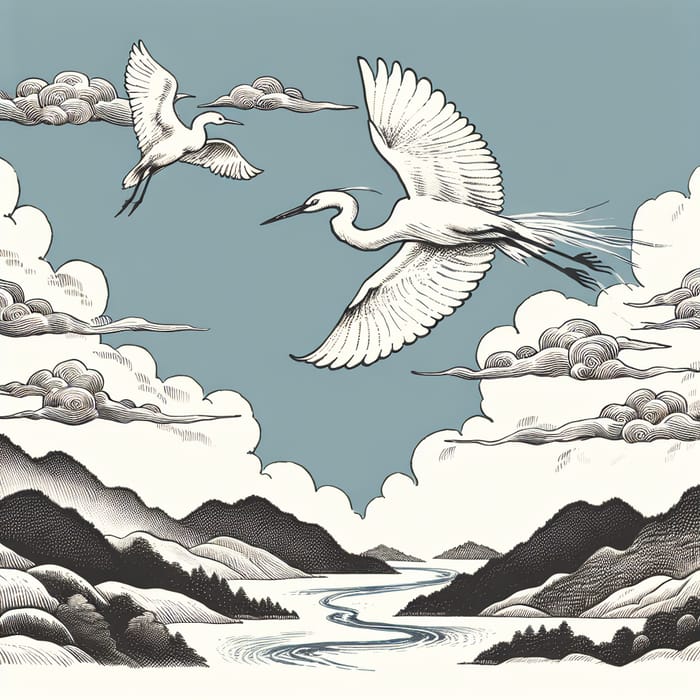 Serene White Egret Soaring Over River and Mountains