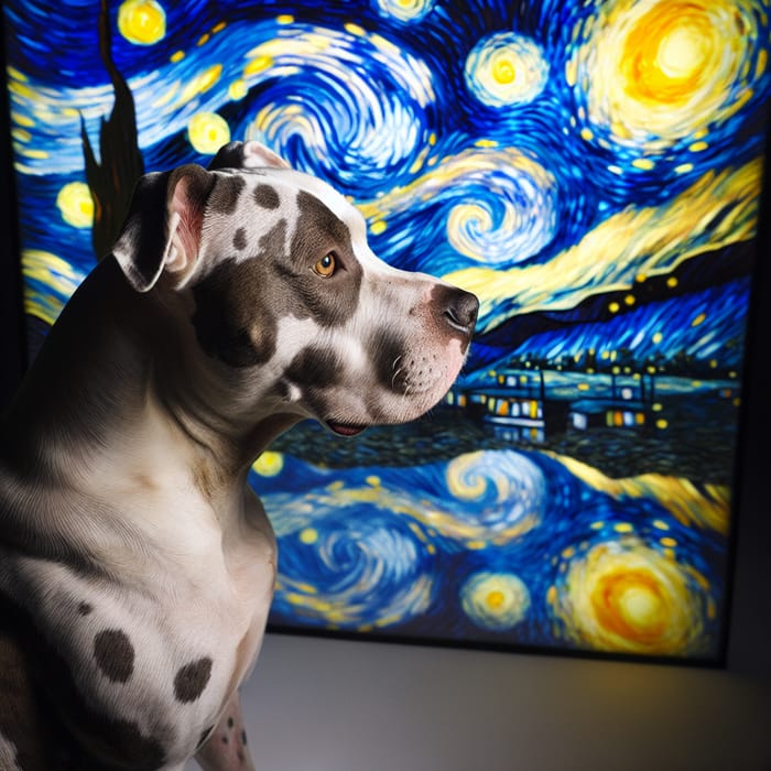 Van Gogh's Starry Night and a Spotted White Pitbull Dog