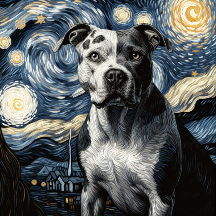 Van Gogh Style Starry Night with White and Grey Spotted Pitbull