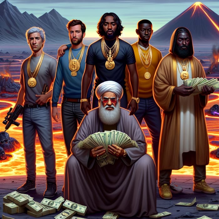 Diverse Group of Seven with Weapons, Gold Chains, and Money in Futuristic Setting