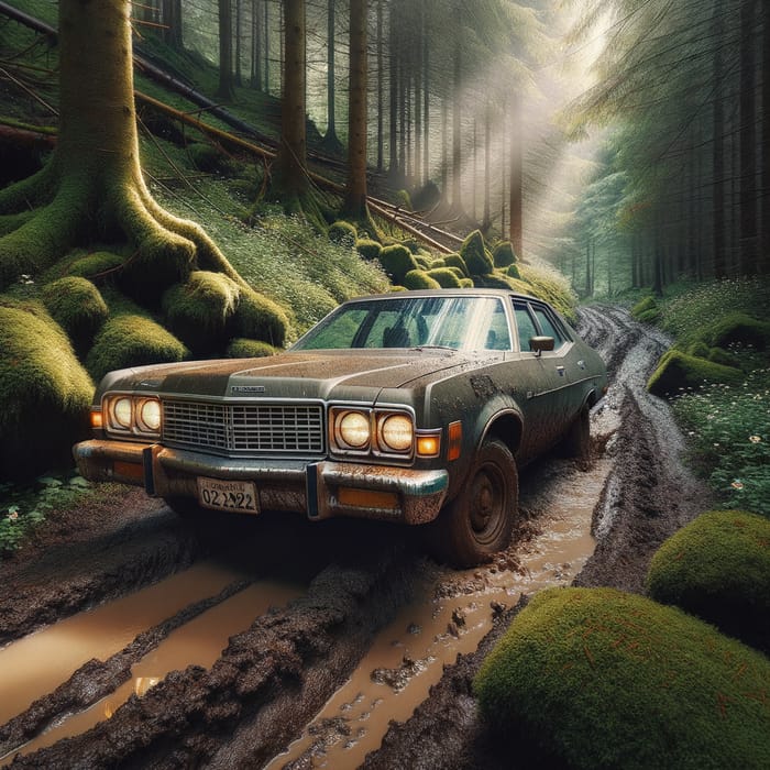 Classic American Sedan Off-Roading Adventure in Forest