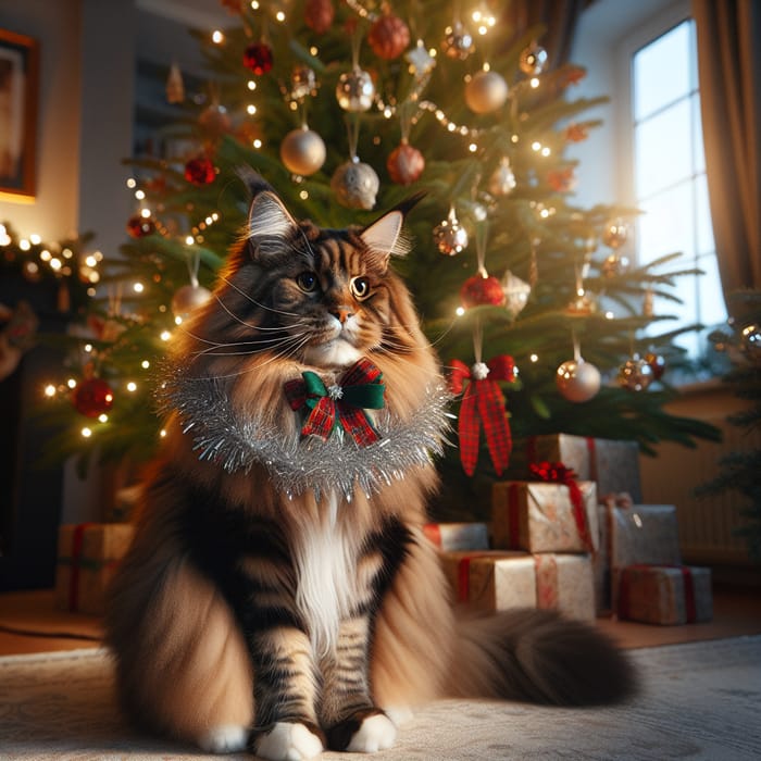 Festive Mainecoon Cat & Christmas Tree Scene