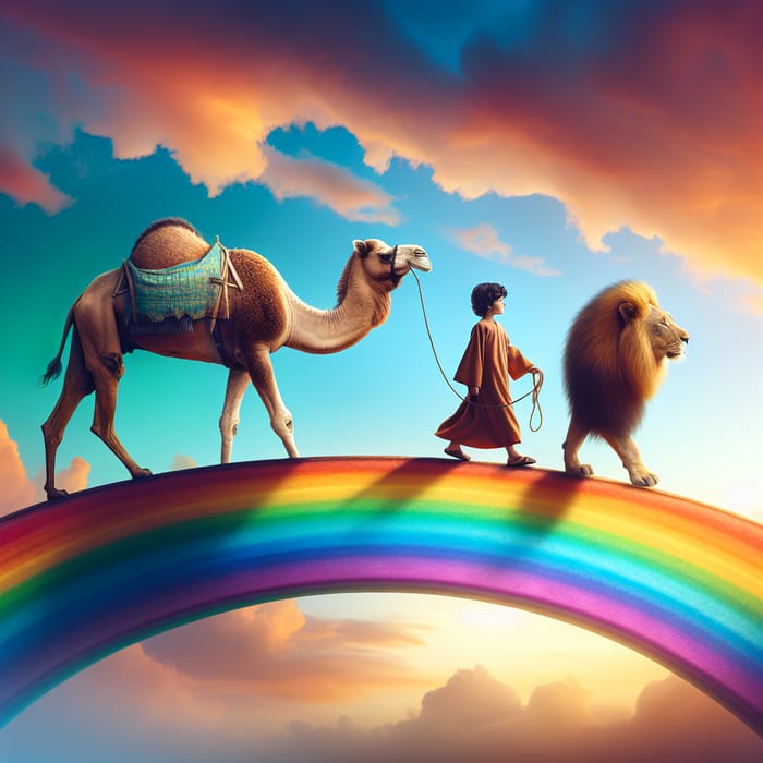 Child Leading Camel and Lion Across Rainbow Bridge