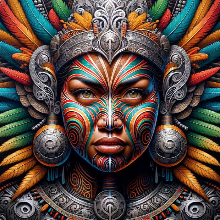 Intricate Māori Female Warrior Art | Vibrant Colors & Bold Contrasts