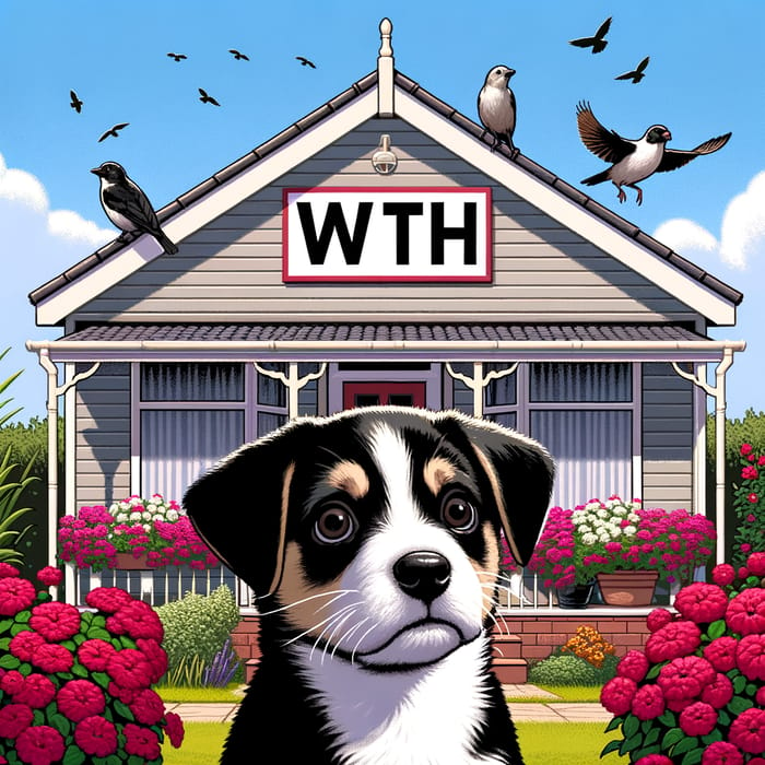 Charming Black & White Bungalow with Worried Cattle Dog | W T H Sign