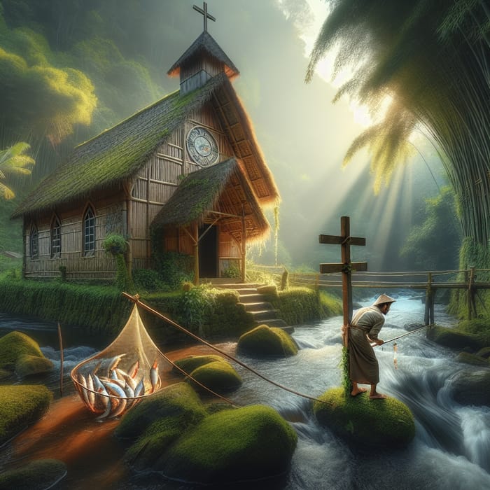 Tranquil Bamboo Church and Fisherman | Riverside Serenity