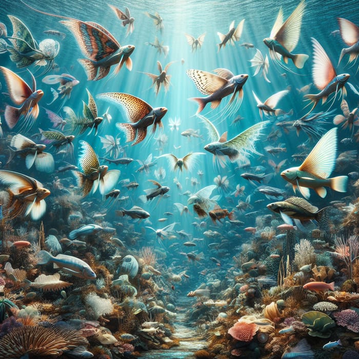 Ethereal Underwater Scene: Aerial Flying Fish & Bioluminescent Wonders