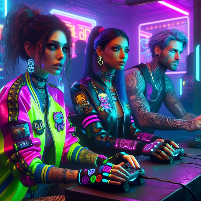 Diverse Cyberpunk Gamer Trio in Neon Gaming Room