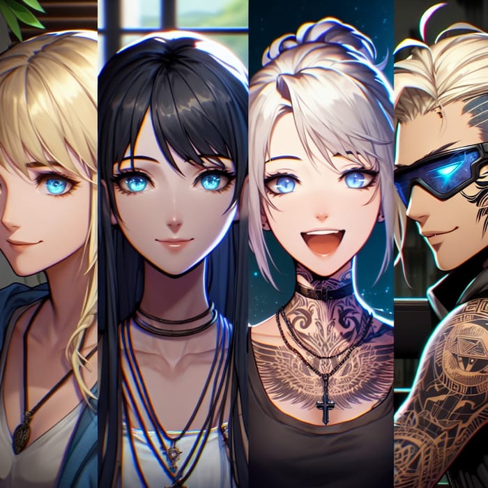 Blonde Girl, Black Hair Girl, Blonde Guy, Tattooed Gamer Cyberpunk Characters