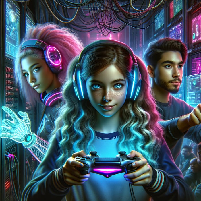 Cyberpunk Gamer Friends: Trio of Neon Blue, Pink, and Haptic Controls