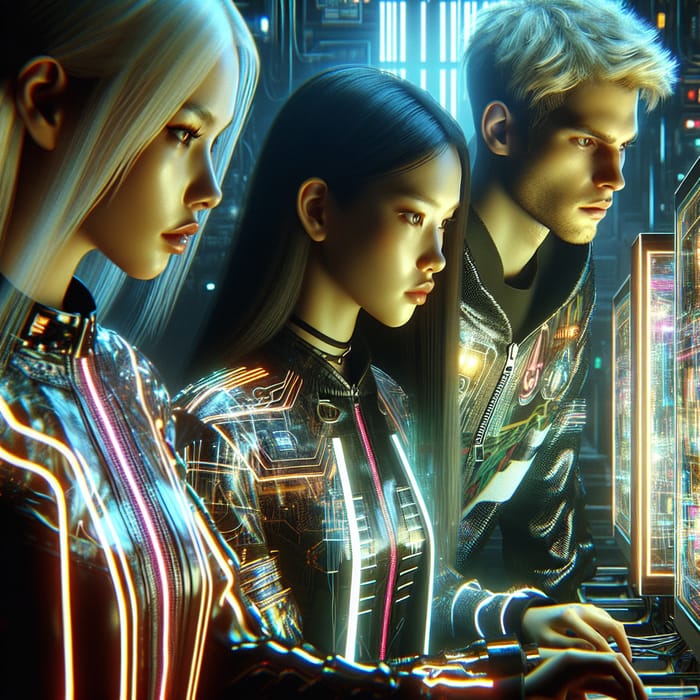 Gamer Cyberpunk Trio: Blonde, Dark-Haired, Neon World