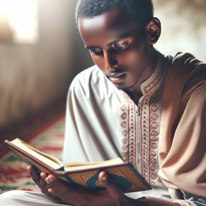 Somali Man Engrossed in Reading the Holy Qur'an | Tranquil Setting