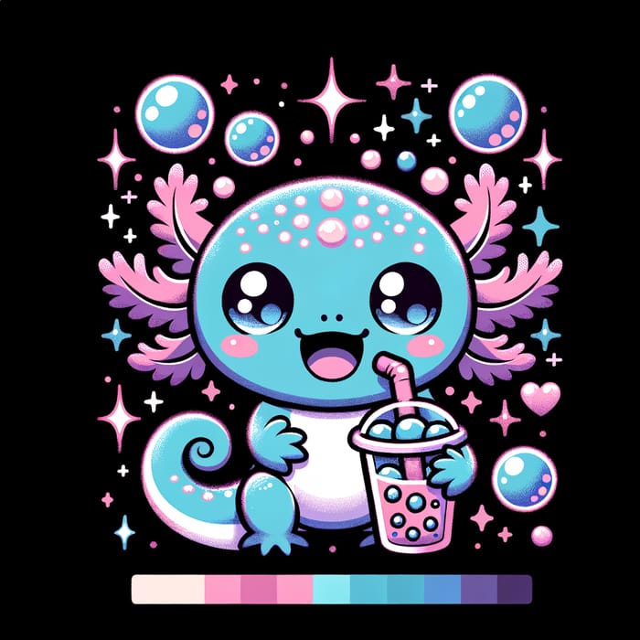 Cute Kawaii Axolotl Illustration with Bubble Tea in Baby Blue and Pink