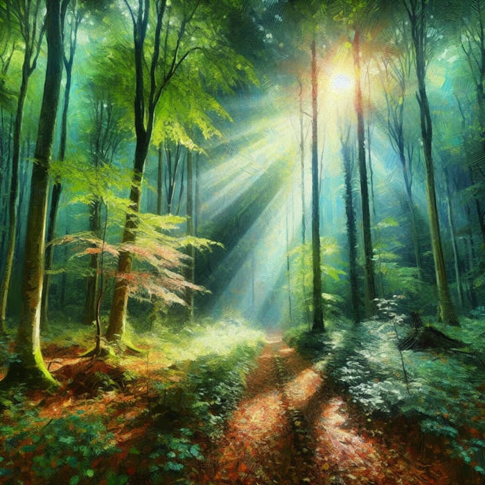 Mystical Forest Sunlight Scene Painting | Tranquil Nature View