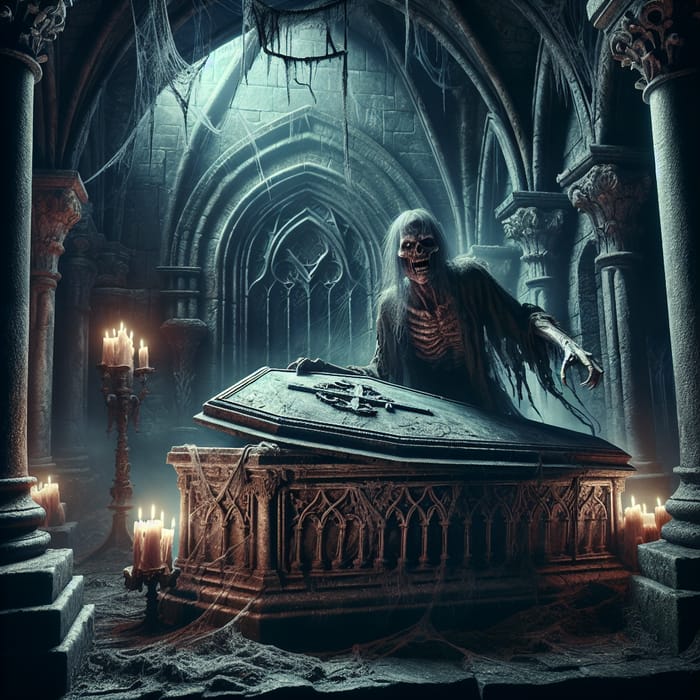 Ghoul Emerging from Stone Coffin in Gothic Crypt Candlelight