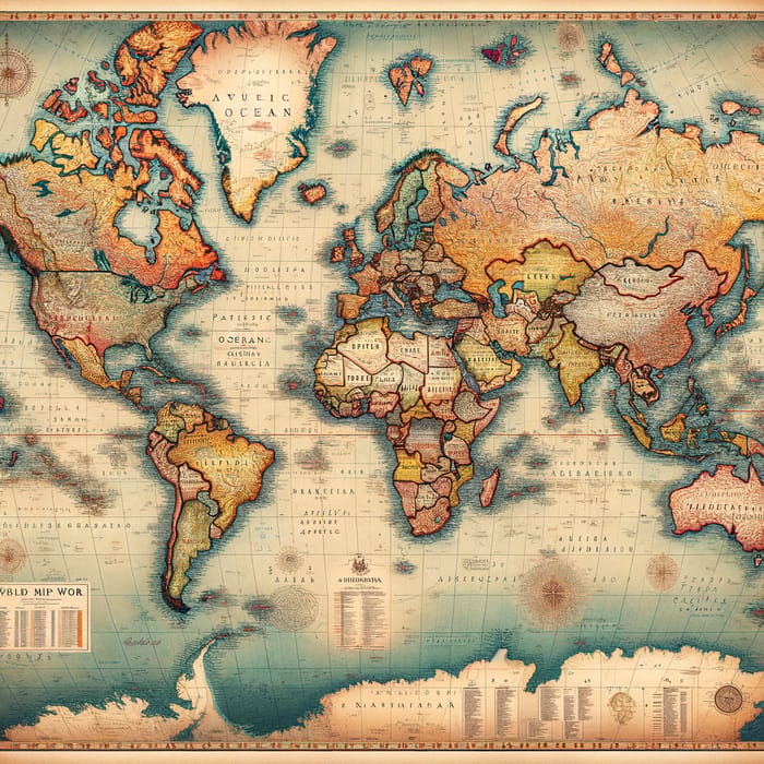 Vintage World Map with Detailed Continent Artwork