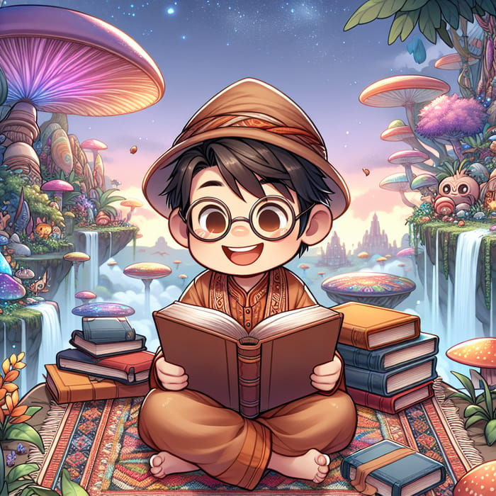 Chibi South Asian Male Reading Book in Fantasy Background