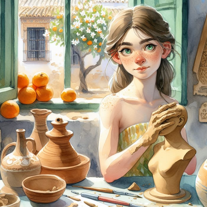 Andalusian Craft Workshop: Green-Eyed Girl Sculpting Clay Bust