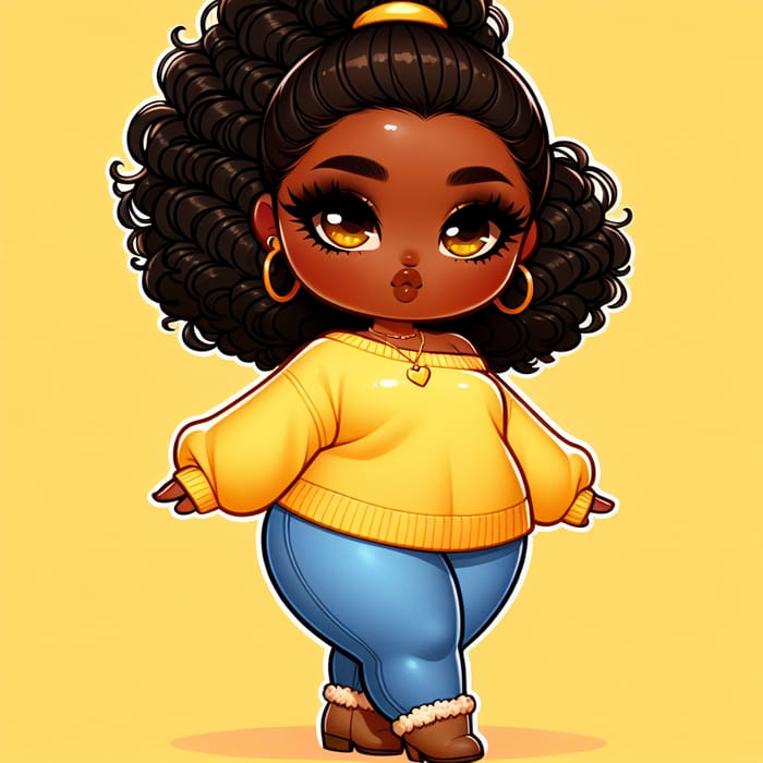 Vivid Chibi Illustration: Curvy African American Woman in Yellow Sweater