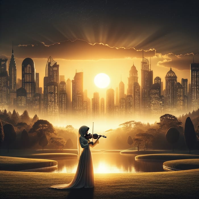 Epic Violinist in City Park Sunset Scene