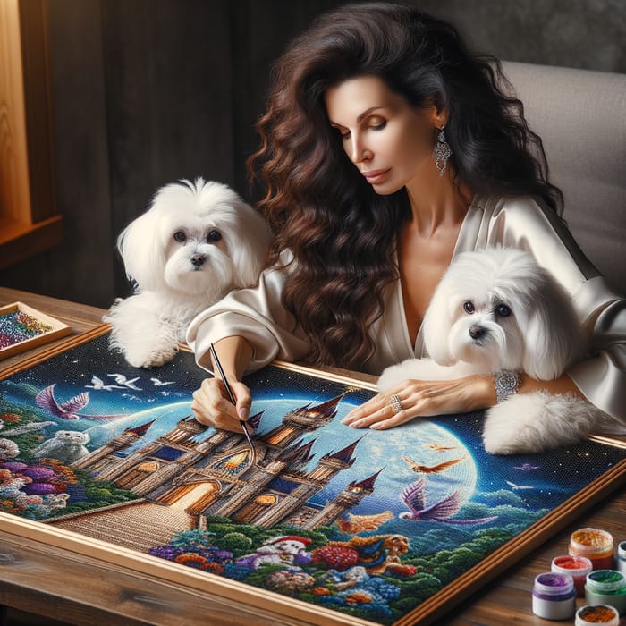 Woman with Dark Brown Curly Hair Crafting Fantasy Diamond Painting with Maltese Dogs