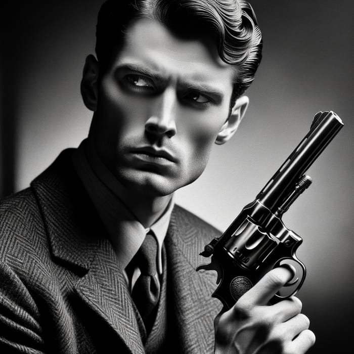 Intense Vintage Portrait of 1930s Man with Classic Revolver