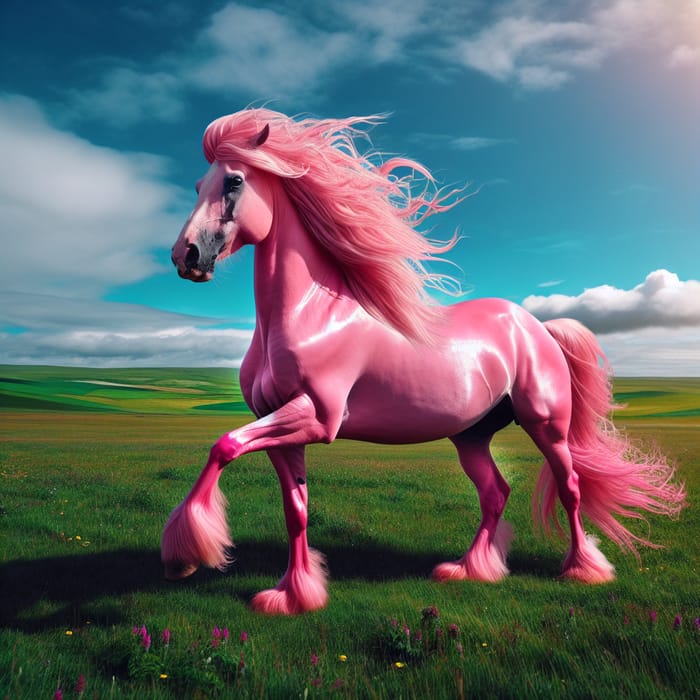 Rare Two-Legged Pink Horse Grazing in Green Fields