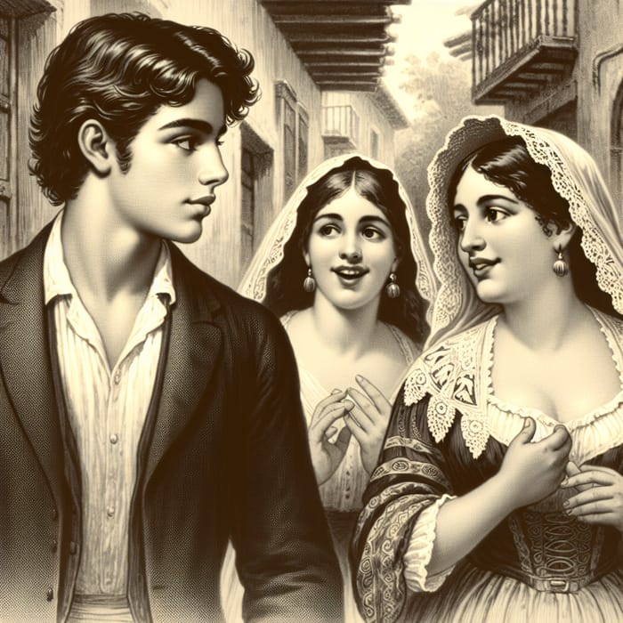 19th Century Young Man Observes Girlfriend and Mother Walking