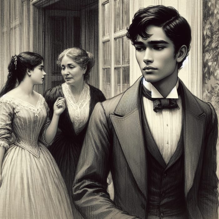 19th Century Scene: Young Man Walking Behind Girlfriend and Mom