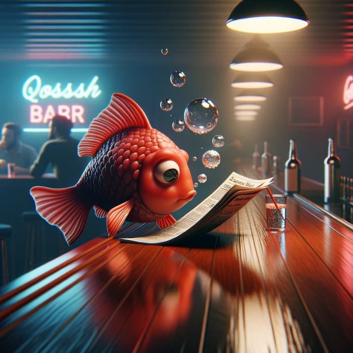 Red Fish Reading Newspaper in Colorful Bar Setting