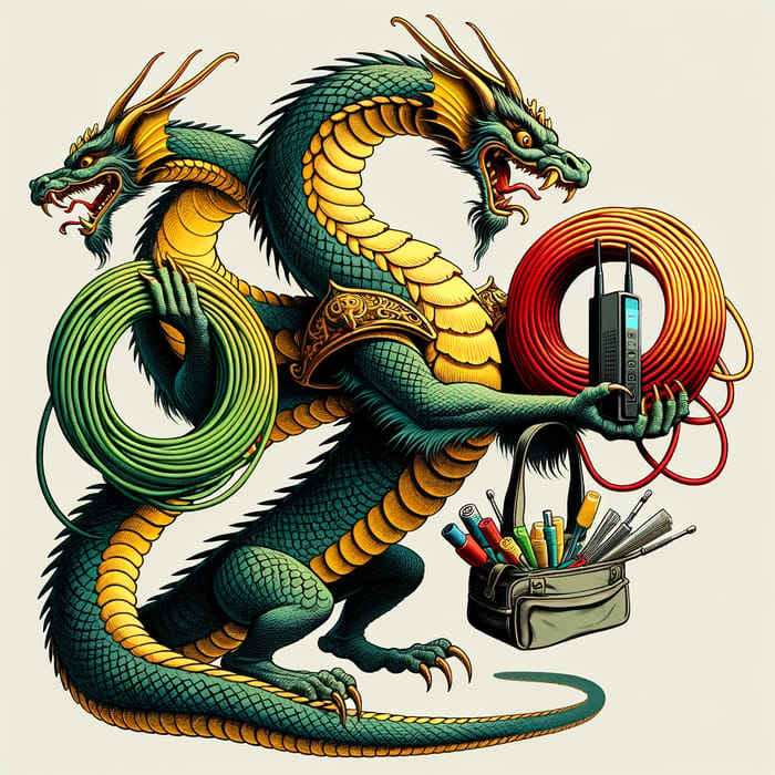 Russian Fairy Tale Three-Headed Dragon with Wi-Fi Router, Internet Tools, and Colorful Cables