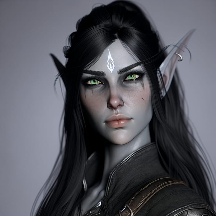 Female Dark Elf with Long Black Hair, Green Eyes, and Grey Skin