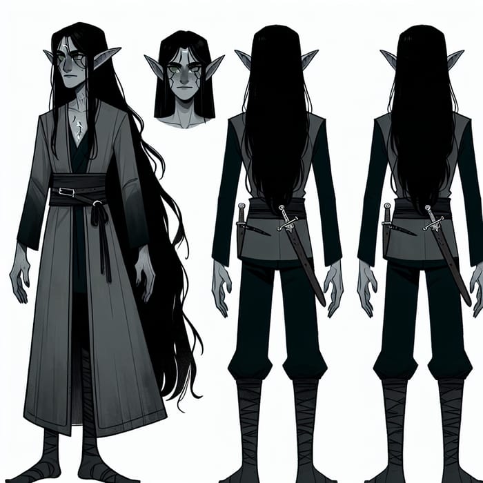 Slender Dark Elf Woman with Black Hair, Green Eyes, and Grey Skin