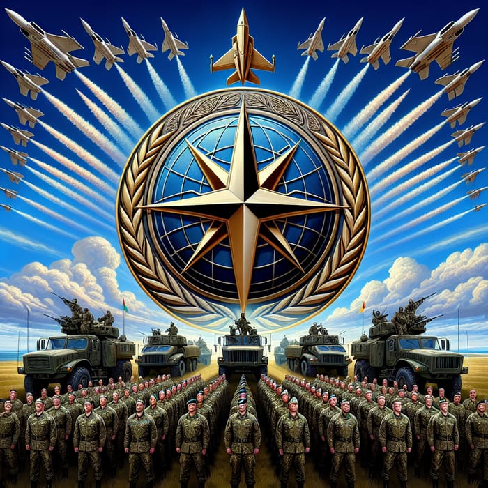 NATO Military Emblem with Soldiers, Vehicles, and Jets
