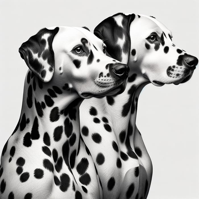 Detailed Black and White Photo of Two Dalmatians - Unique Dotted Coats