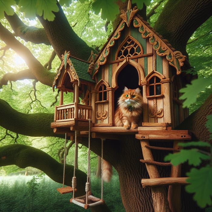 Cat in Enchanting Treehouse - Embracing Nature's Charm