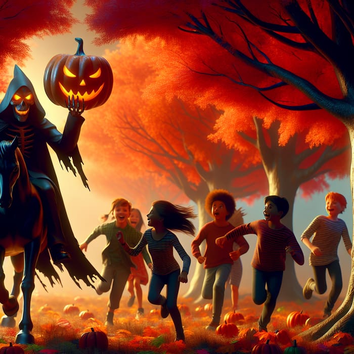 Spooky Headless Horseman Chases Children on Halloween