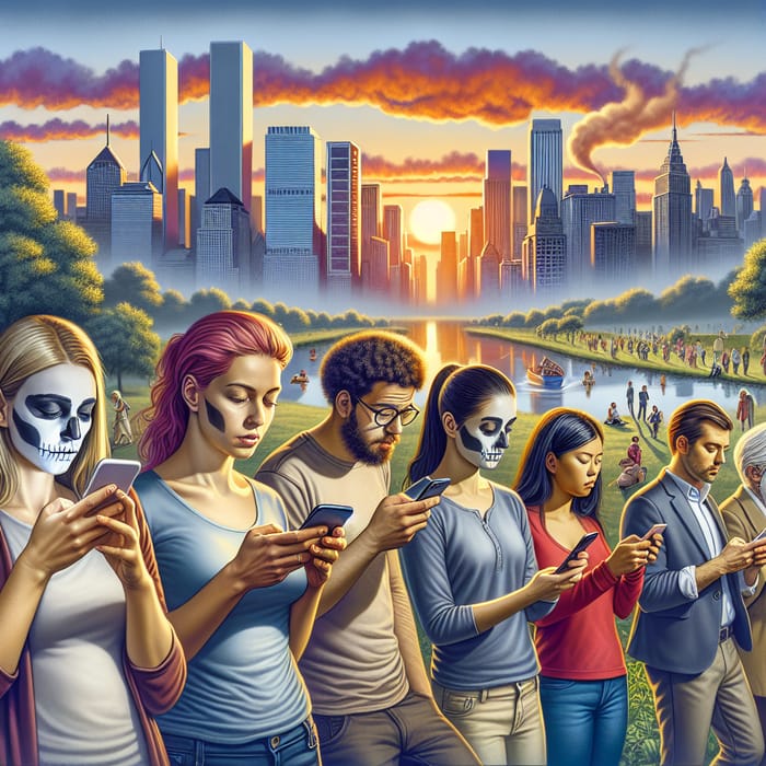 Faceless Humans Obsessed with Phones Ignoring the World Around Them