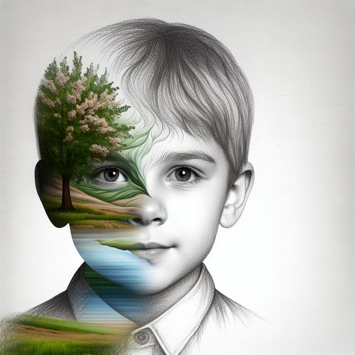 Imaginative Drawing of Young Boy with Nature Landscape Face