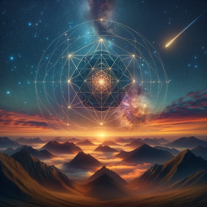 Surreal Mountain Landscape with Sacred Geometry Object | Breathtaking Sunset