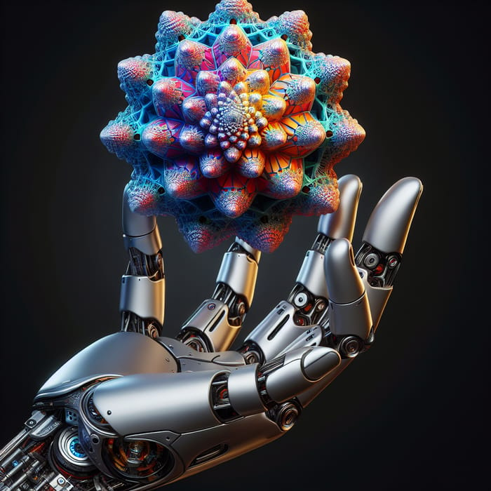 Realistic Semi-Robotic Hand Holding Colorful Geometrical Fractal Object